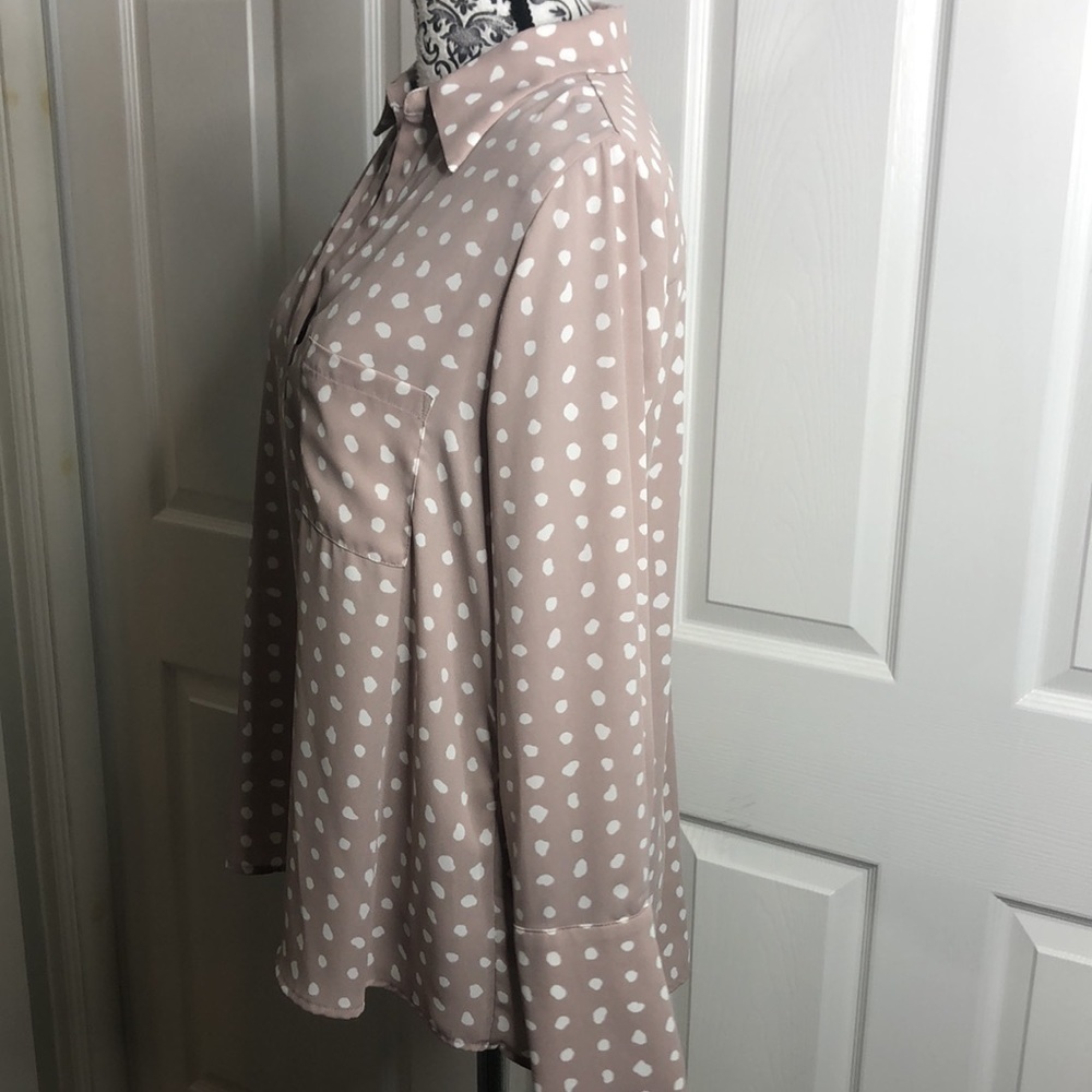 Anthro Pleione Taupe White Dots V Neck Long Sleeve XS - Picture 3 of 6